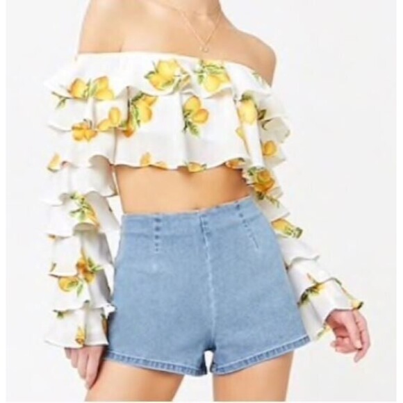 Forever 21 Womens Off Shoulder Lemons Print Ruffle Crop Top Blouse Size S - Picture 1 of 7